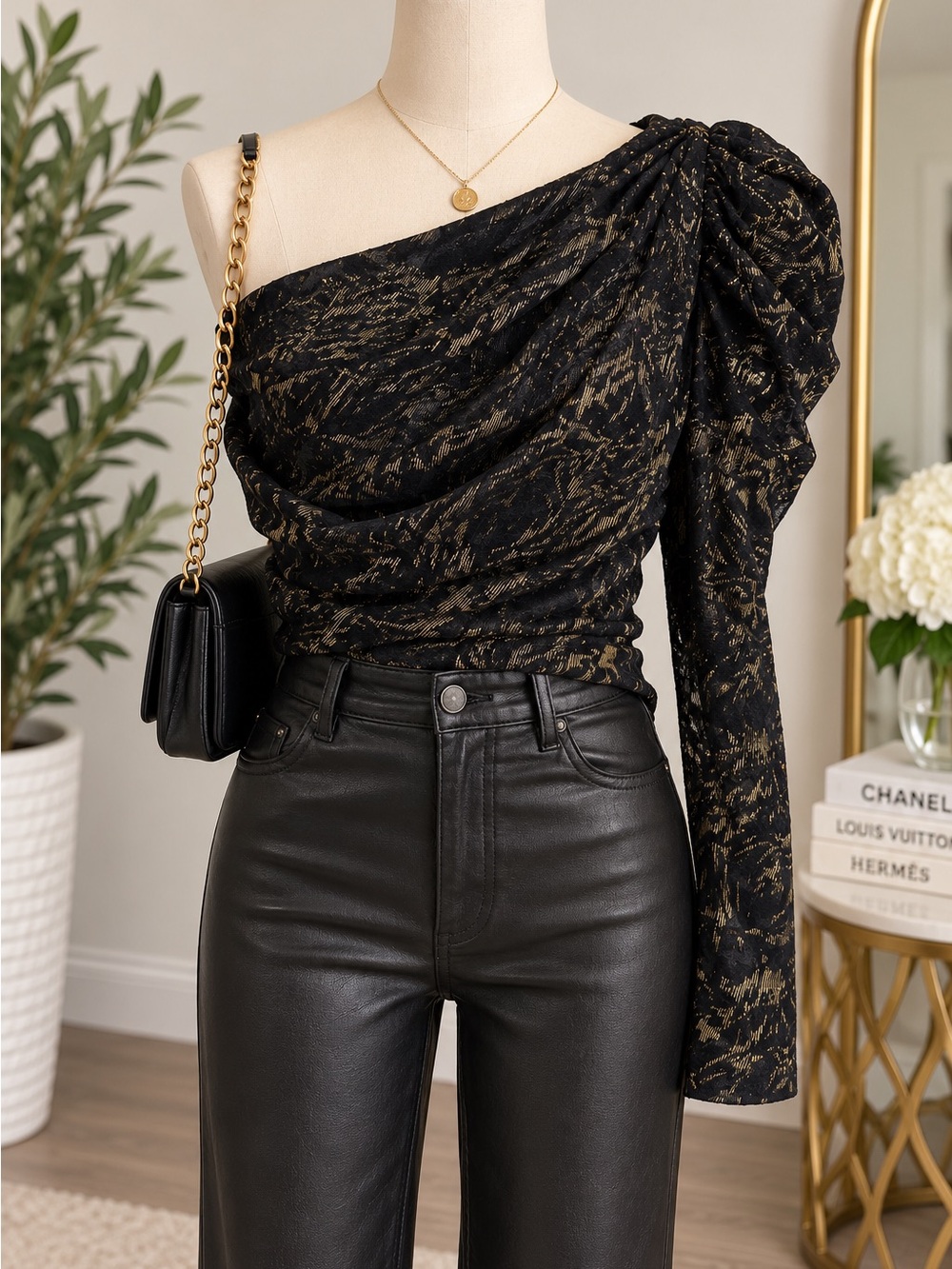 Express Black & Gold Metallic One Shoulder Ruched Top Small